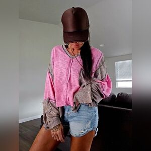POL Pink and Gray Relaxed Crop Hoodie
